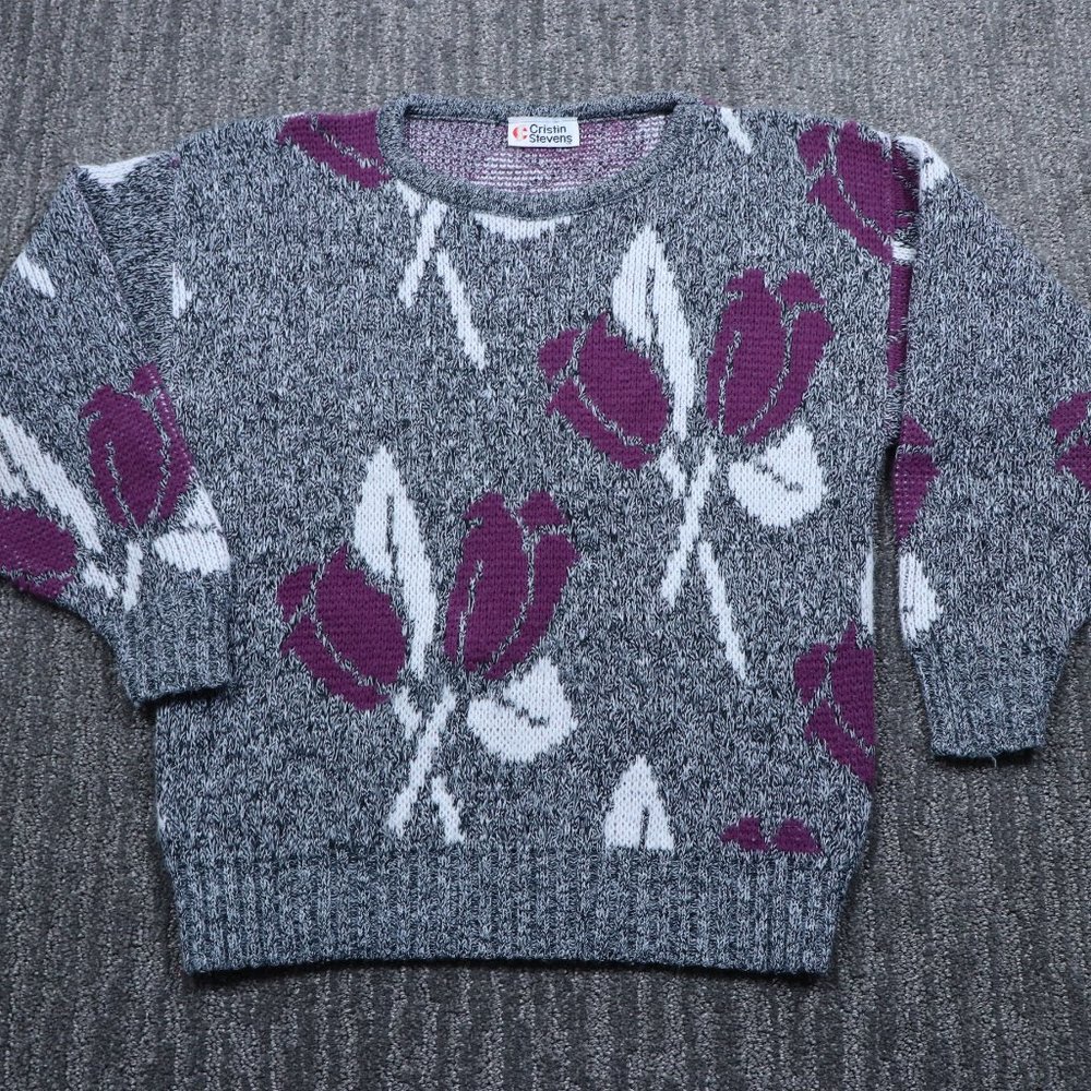 Vintage Cristen Stevens Womens Sweater One Size Gray Floral Cozy Cottagecore